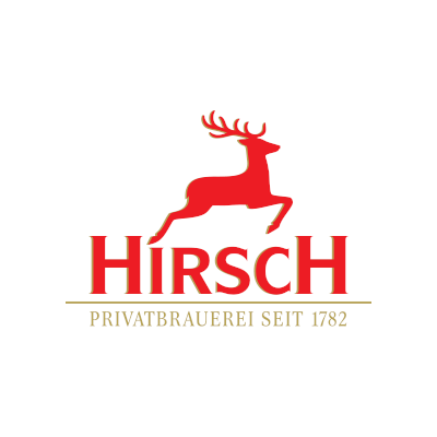 red stag and red lettering HIRSCH and gold lettering Private brewery since 1782