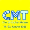 gelb, blau, weißes Logo mit Schriftzug CMT, die Urlaubs-Messe 14. bis 22. Januar 2023