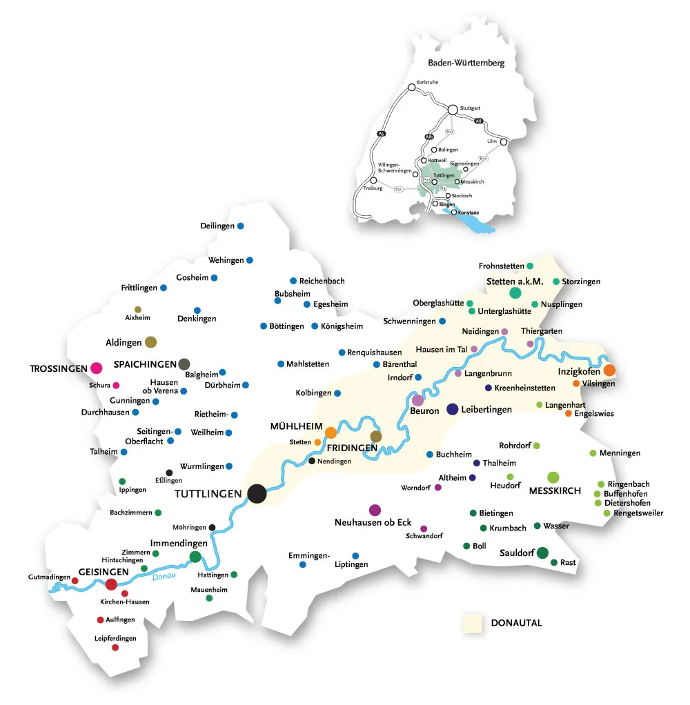zwei Kartenausschnitte mit komplettem Donautal und Donautal markiert auf Karte Baden-Württemberg