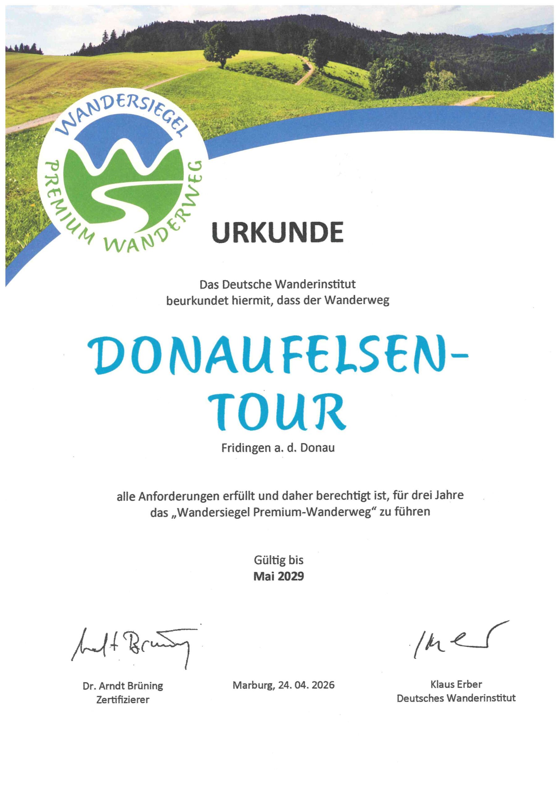 Urkunde Donaufelsen-Tour Wandersiegel Premiumweg Donaubergland
