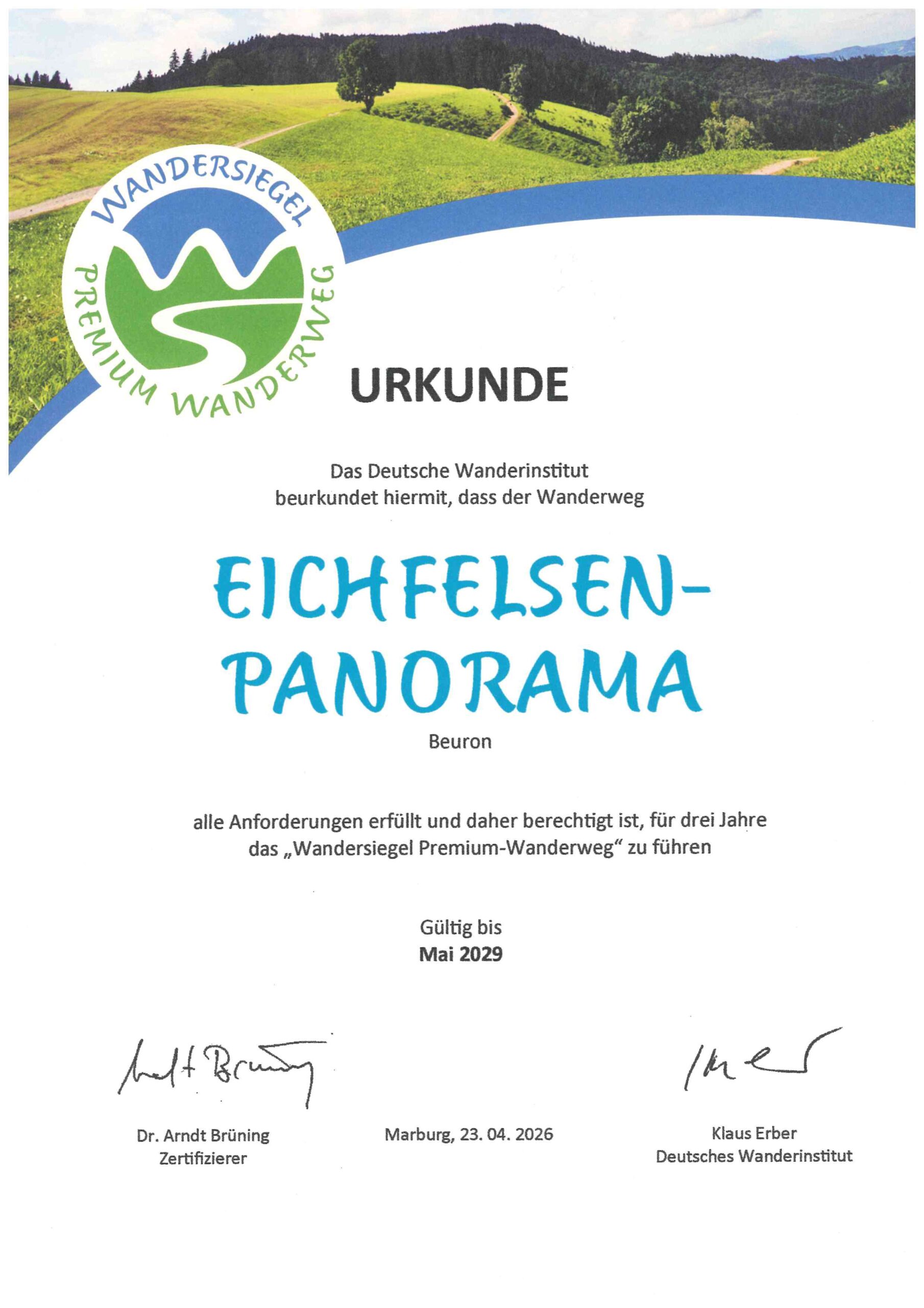 Urkunde Eichfelsen-Panorama Wandersiegel Premiumweg Donaubergland