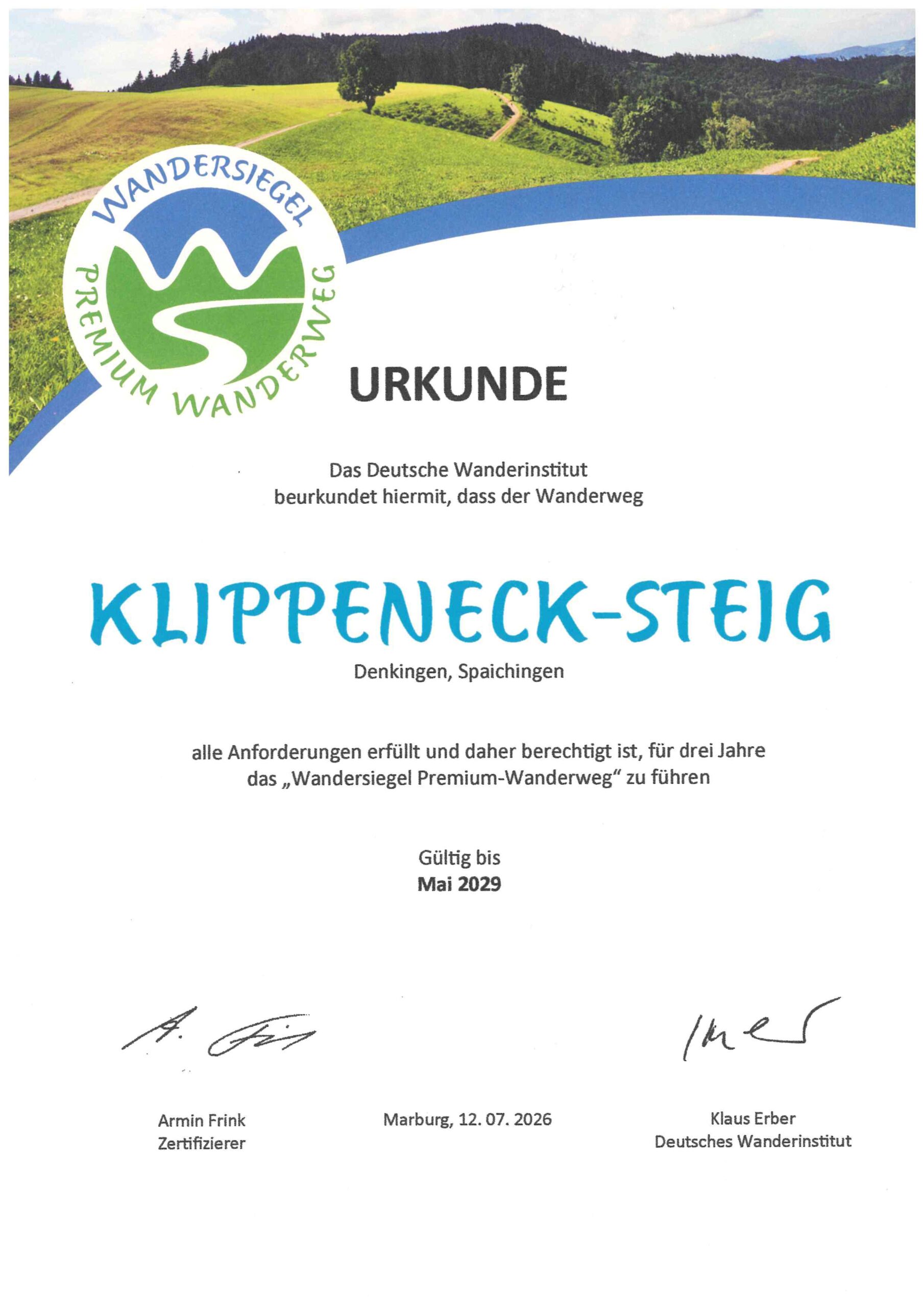 Urkunde Klippeneck-SteigWandersiegel Premiumweg Donaubergland
